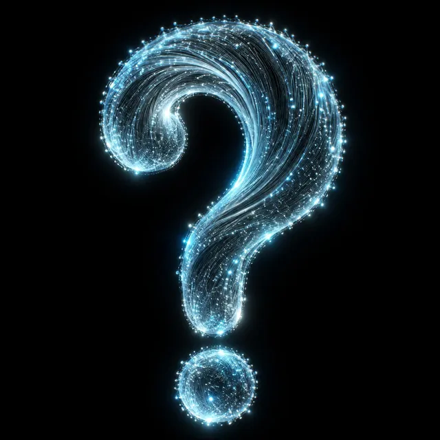 Glowing abstract question mark formed from luminous fibers